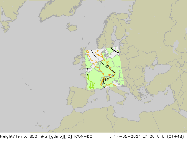 Geop./Temp. 850 hPa ICON-D2 mar 14.05.2024 21 UTC