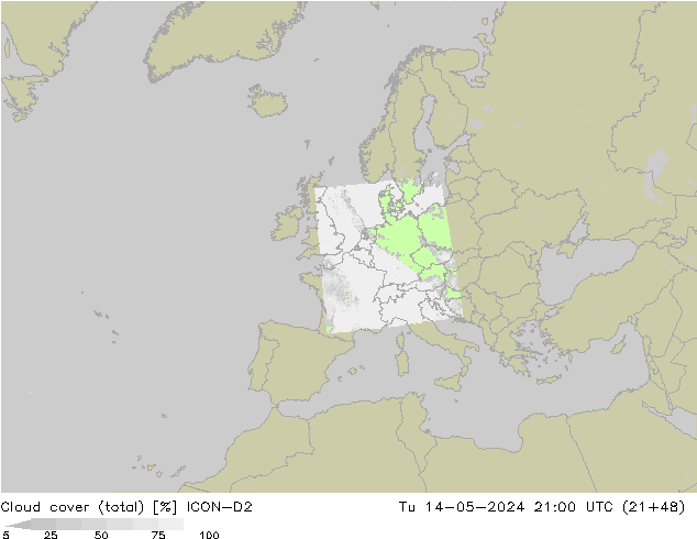 Cloud cover (total) ICON-D2 Tu 14.05.2024 21 UTC