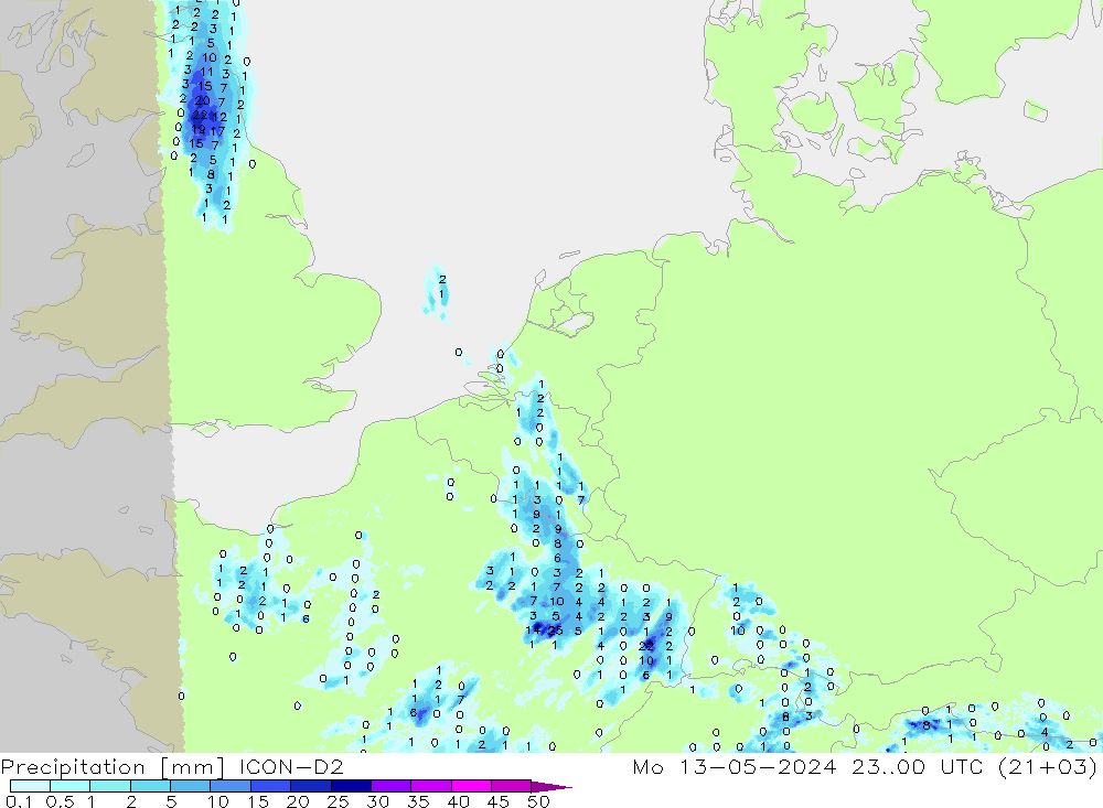 Precipitation ICON-D2 Mo 13.05.2024 00 UTC