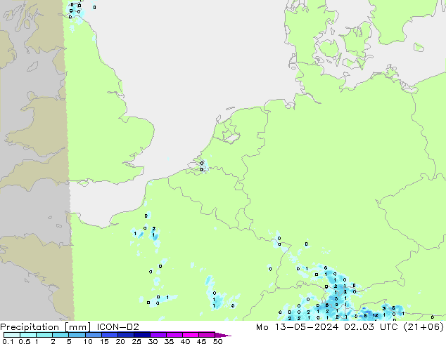 Srážky ICON-D2 Po 13.05.2024 03 UTC