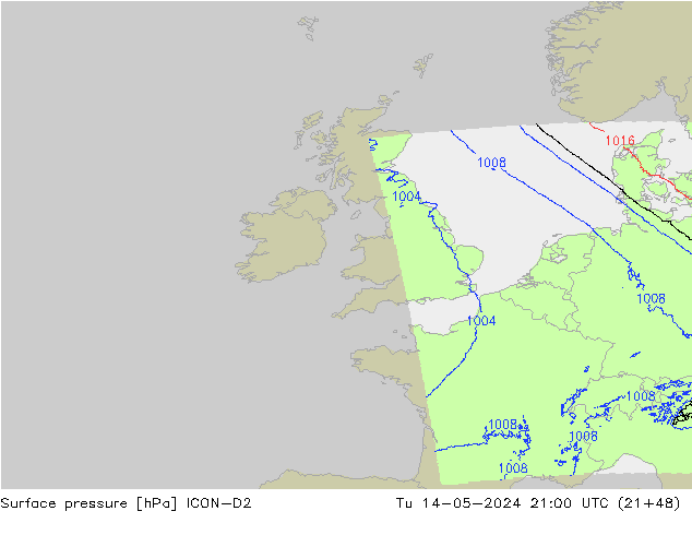 Surface pressure ICON-D2 Tu 14.05.2024 21 UTC