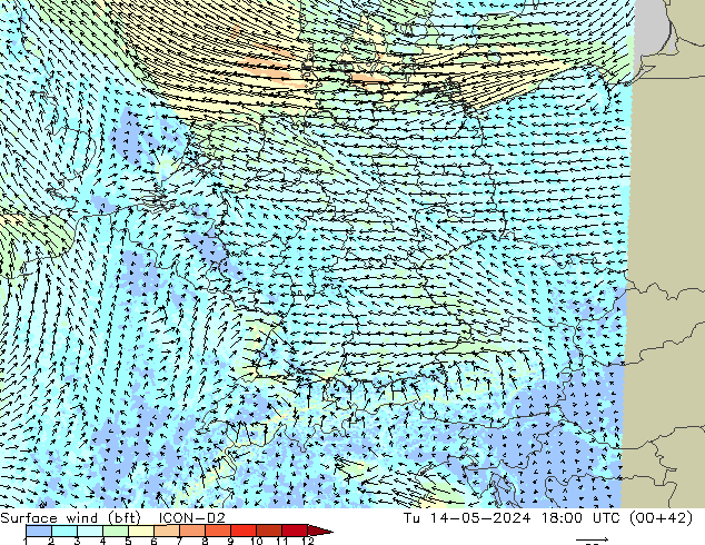 Surface wind (bft) ICON-D2 Út 14.05.2024 18 UTC