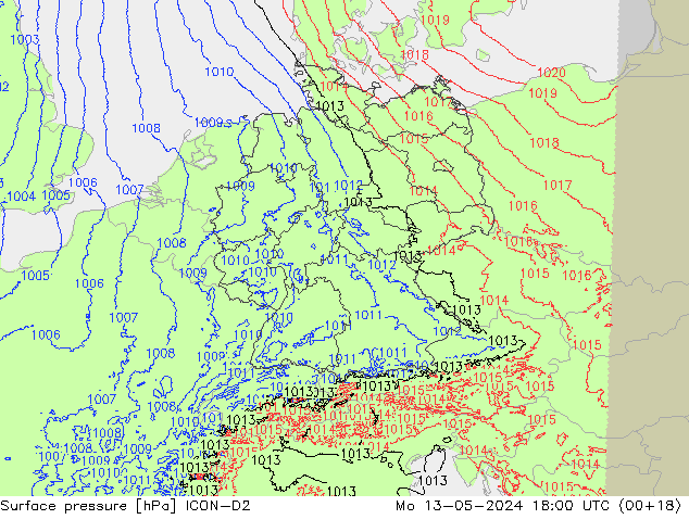 Atmosférický tlak ICON-D2 Po 13.05.2024 18 UTC