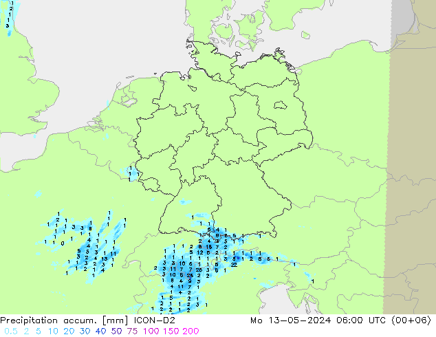 Precipitation accum. ICON-D2 星期一 13.05.2024 06 UTC
