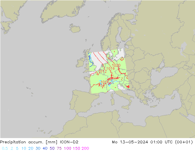Nied. akkumuliert ICON-D2 Mo 13.05.2024 01 UTC