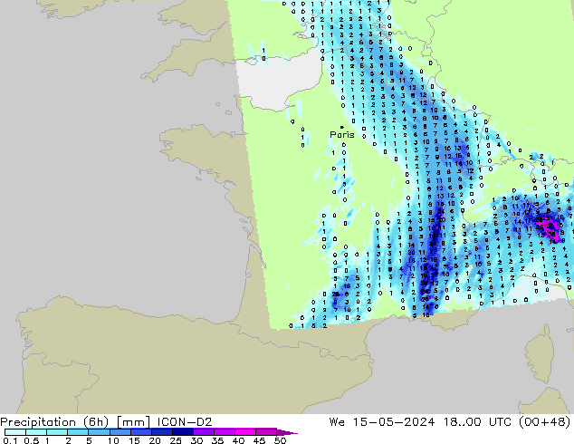 Precipitation (6h) ICON-D2 We 15.05.2024 00 UTC