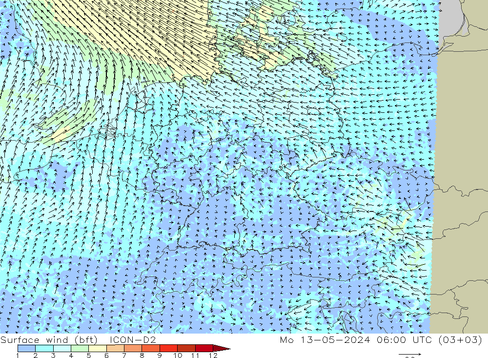 Surface wind (bft) ICON-D2 Mo 13.05.2024 06 UTC