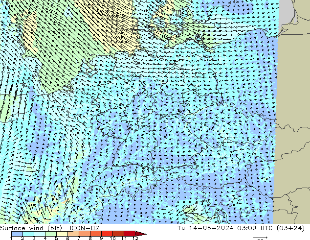 Bodenwind (bft) ICON-D2 Di 14.05.2024 03 UTC