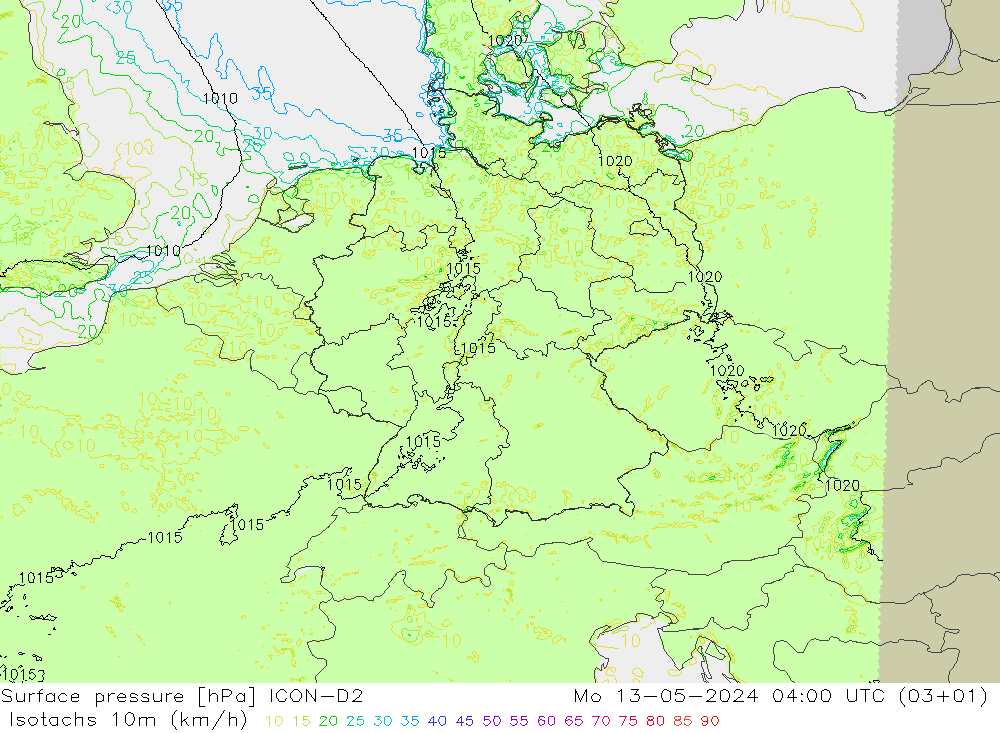 10米等风速线 (kph) ICON-D2 星期一 13.05.2024 04 UTC