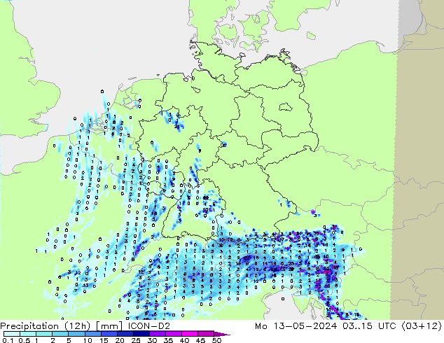 降水量 (12h) ICON-D2 星期一 13.05.2024 15 UTC