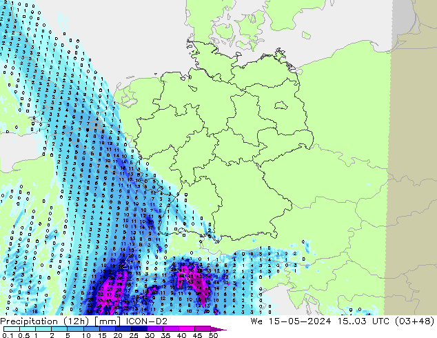 Precipitation (12h) ICON-D2 We 15.05.2024 03 UTC