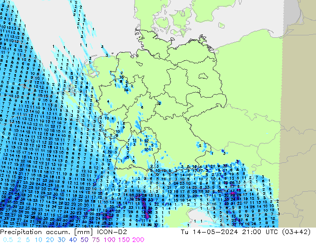 Precipitation accum. ICON-D2 Tu 14.05.2024 21 UTC