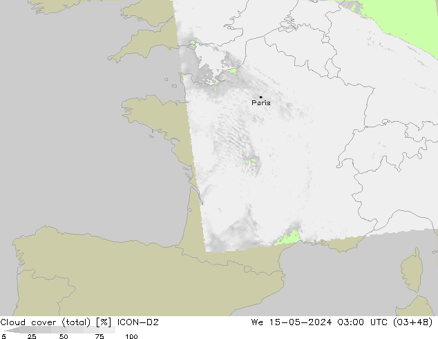 Cloud cover (total) ICON-D2 St 15.05.2024 03 UTC