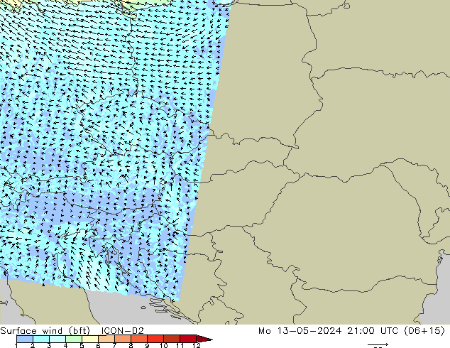 Vento 10 m (bft) ICON-D2 Seg 13.05.2024 21 UTC