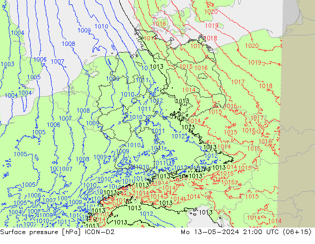 Atmosférický tlak ICON-D2 Po 13.05.2024 21 UTC