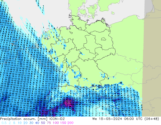 Précipitation accum. ICON-D2 mer 15.05.2024 06 UTC