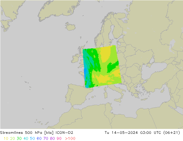 Linha de corrente 500 hPa ICON-D2 Ter 14.05.2024 03 UTC