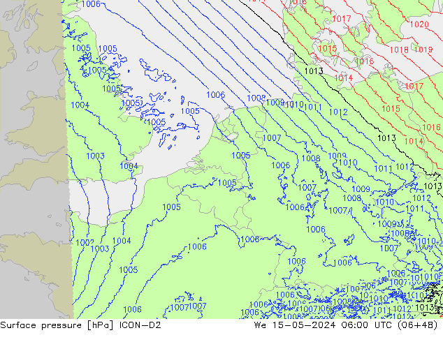 Surface pressure ICON-D2 We 15.05.2024 06 UTC