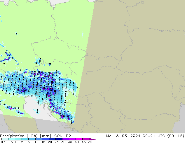Precipitation (12h) ICON-D2 Po 13.05.2024 21 UTC