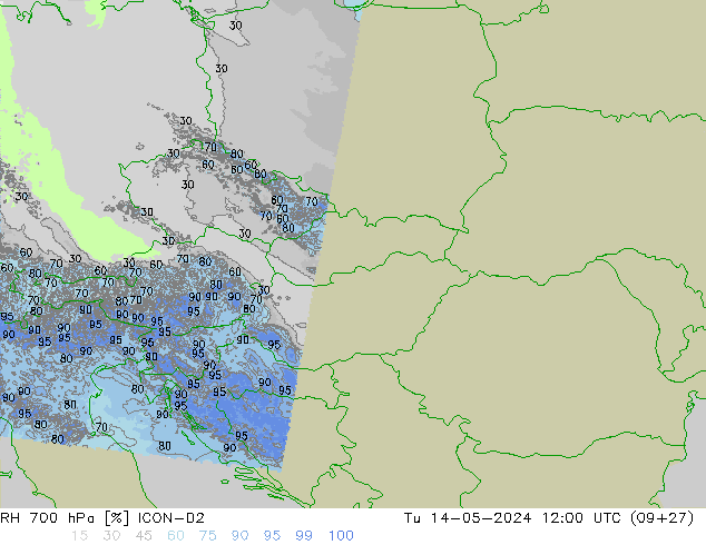 Humidité rel. 700 hPa ICON-D2 mar 14.05.2024 12 UTC