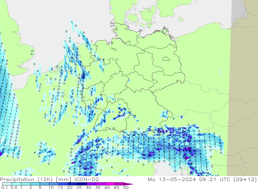 Precipitation (12h) ICON-D2 Mo 13.05.2024 21 UTC