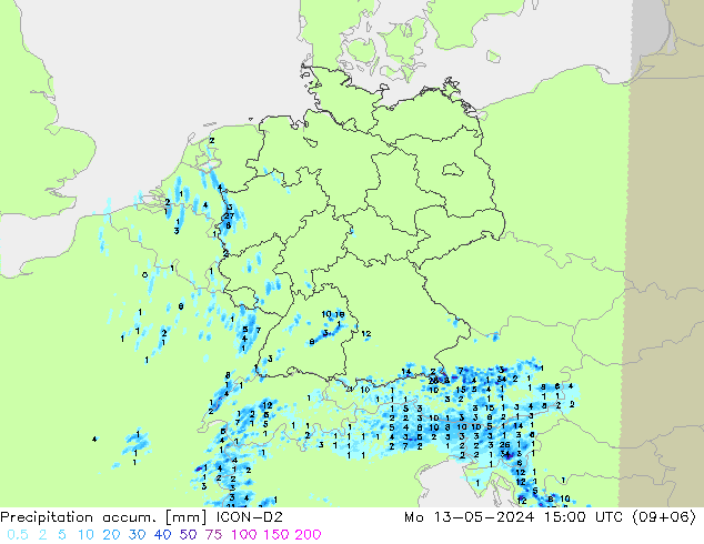 Precipitation accum. ICON-D2 星期一 13.05.2024 15 UTC
