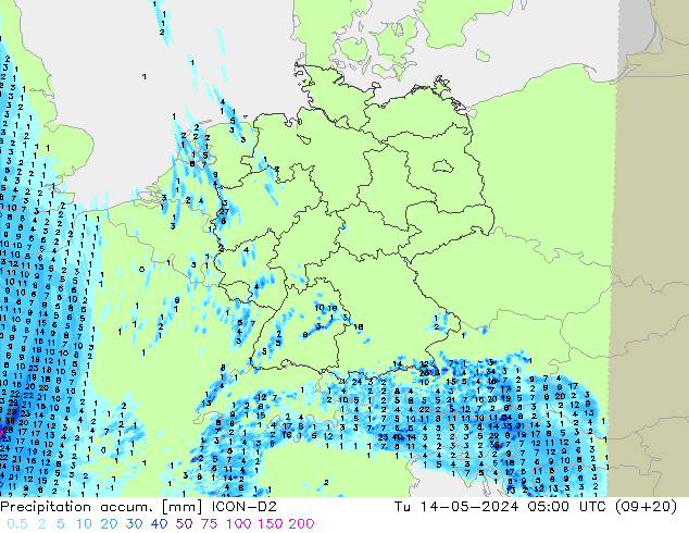 Precipitation accum. ICON-D2 星期二 14.05.2024 05 UTC
