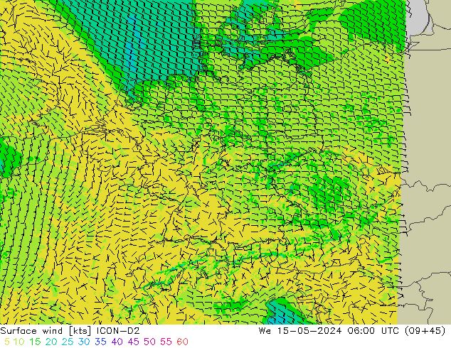 Surface wind ICON-D2 We 15.05.2024 06 UTC