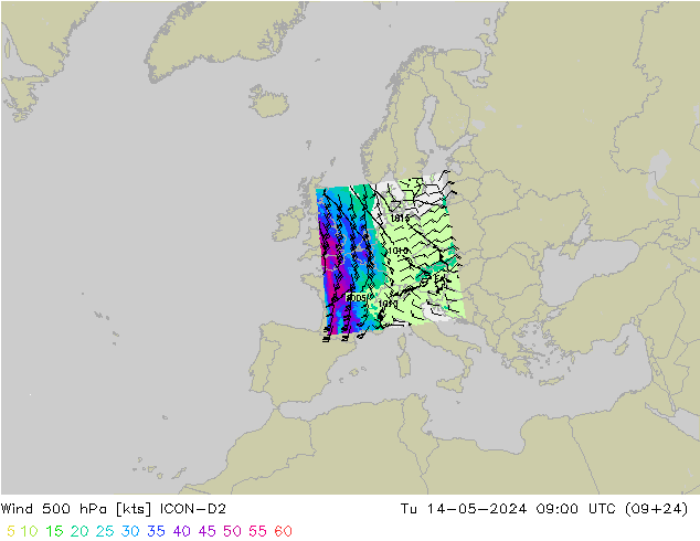 Wind 500 hPa ICON-D2 Tu 14.05.2024 09 UTC