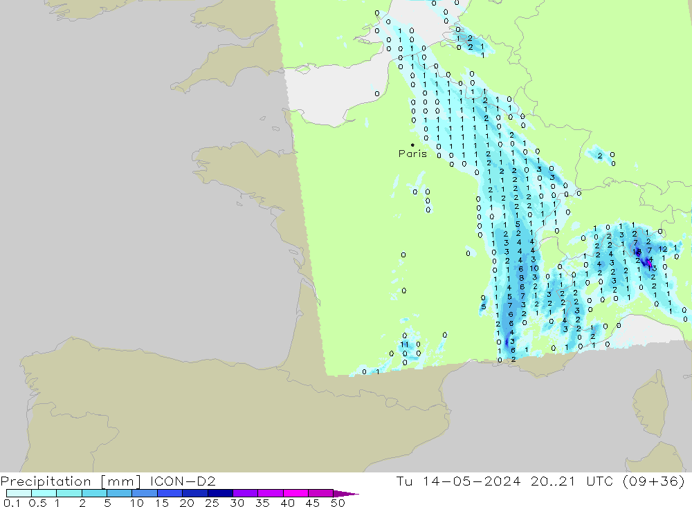 Precipitation ICON-D2 Tu 14.05.2024 21 UTC