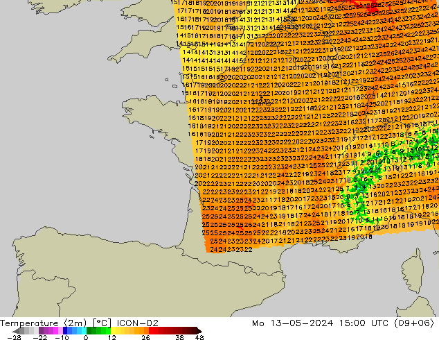 mapa temperatury (2m) ICON-D2 pon. 13.05.2024 15 UTC