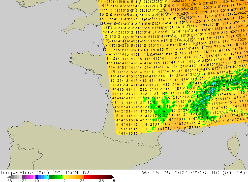 Temperatuurkaart (2m) ICON-D2 wo 15.05.2024 09 UTC