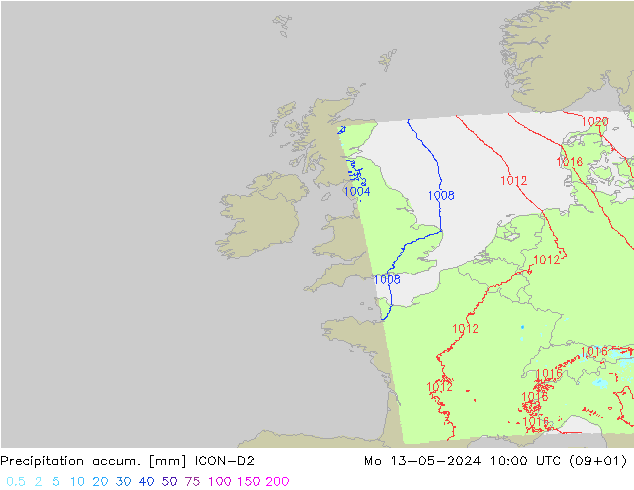 Totale neerslag ICON-D2 ma 13.05.2024 10 UTC