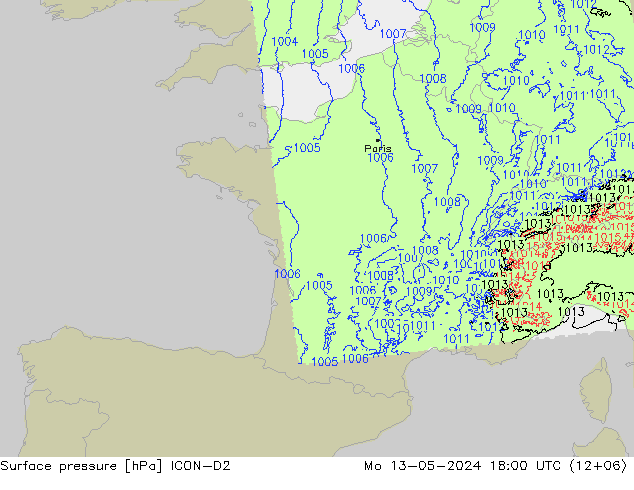 Surface pressure ICON-D2 Mo 13.05.2024 18 UTC