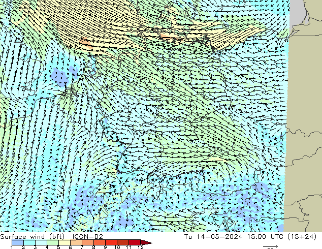 Surface wind (bft) ICON-D2 Tu 14.05.2024 15 UTC