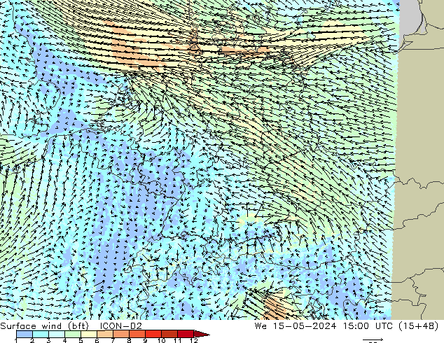 Wind 10 m (bft) ICON-D2 wo 15.05.2024 15 UTC