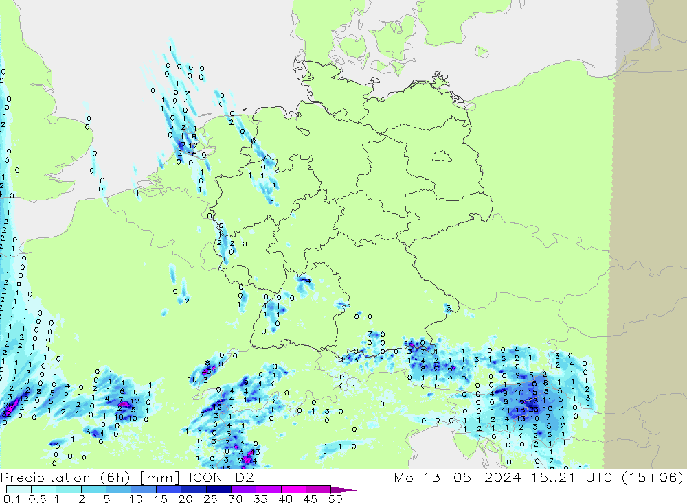 降水量 (6h) ICON-D2 星期一 13.05.2024 21 UTC