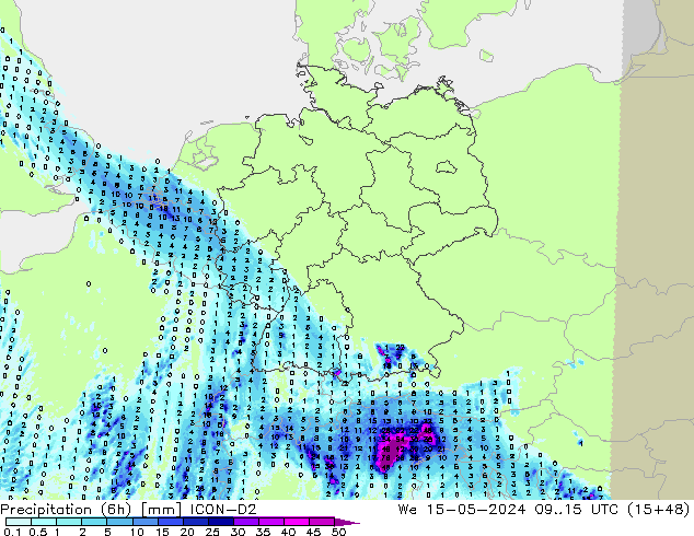 Precipitazione (6h) ICON-D2 mer 15.05.2024 15 UTC