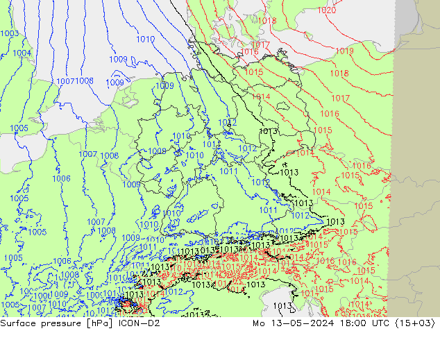 地面气压 ICON-D2 星期一 13.05.2024 18 UTC