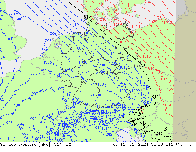 Presión superficial ICON-D2 mié 15.05.2024 09 UTC
