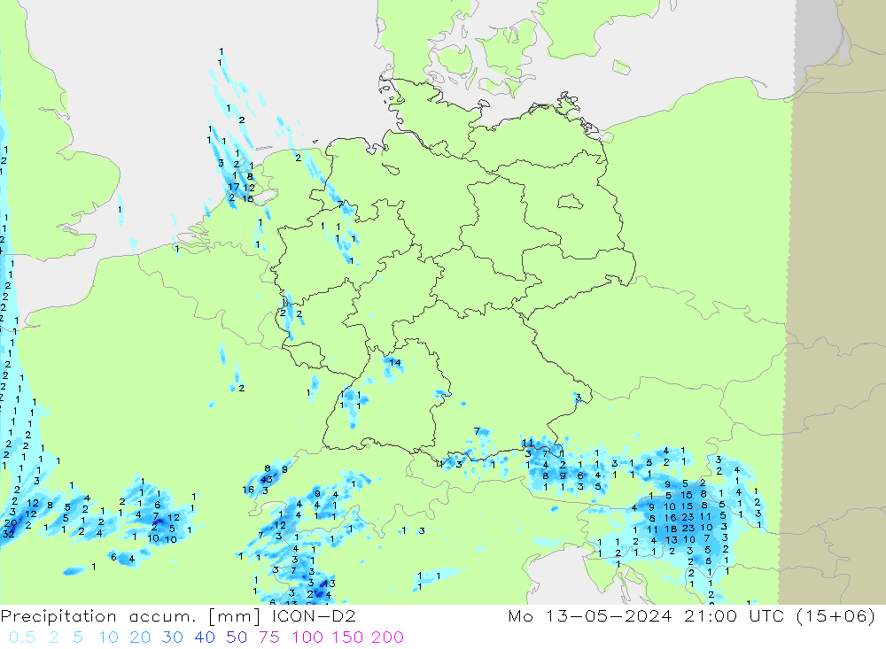 Precipitation accum. ICON-D2 星期一 13.05.2024 21 UTC