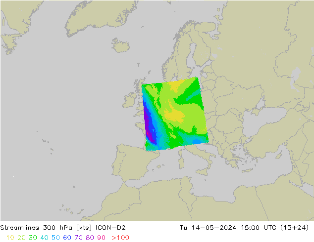 ветер 300 гПа ICON-D2 вт 14.05.2024 15 UTC