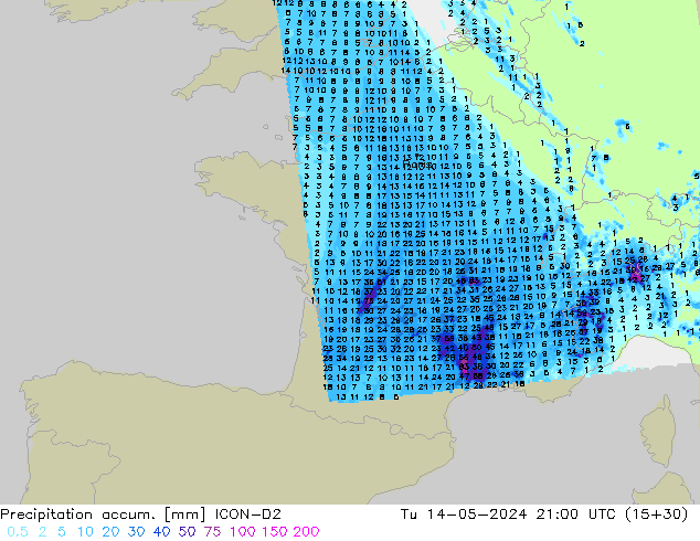 Precipitation accum. ICON-D2  14.05.2024 21 UTC