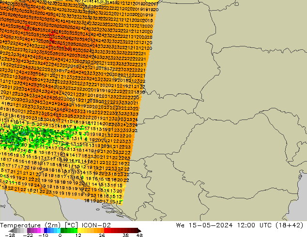 Temperatuurkaart (2m) ICON-D2 wo 15.05.2024 12 UTC