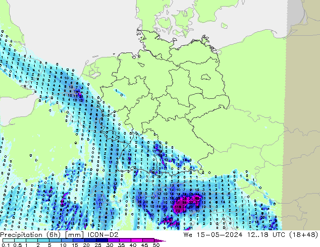 Precipitation (6h) ICON-D2 We 15.05.2024 18 UTC