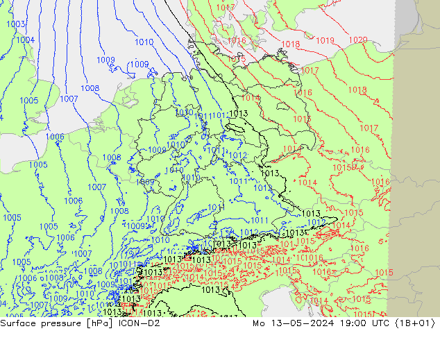 地面气压 ICON-D2 星期一 13.05.2024 19 UTC