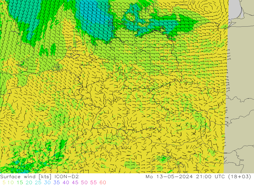 风 10 米 ICON-D2 星期一 13.05.2024 21 UTC