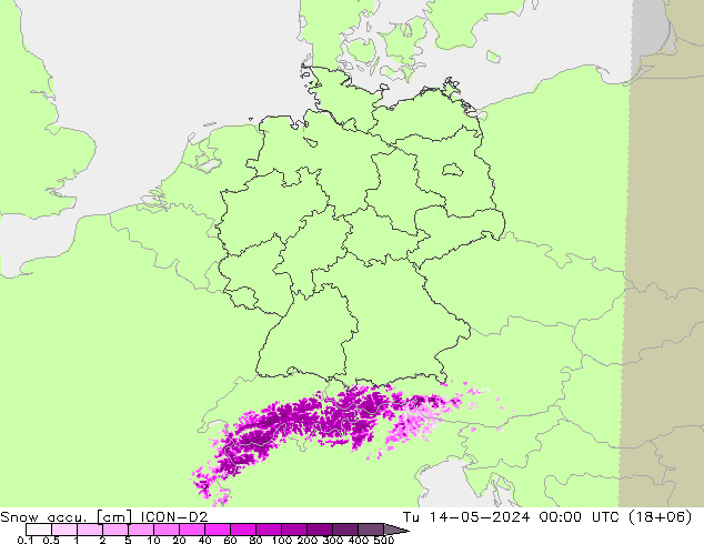 Schneemenge ICON-D2 Di 14.05.2024 00 UTC