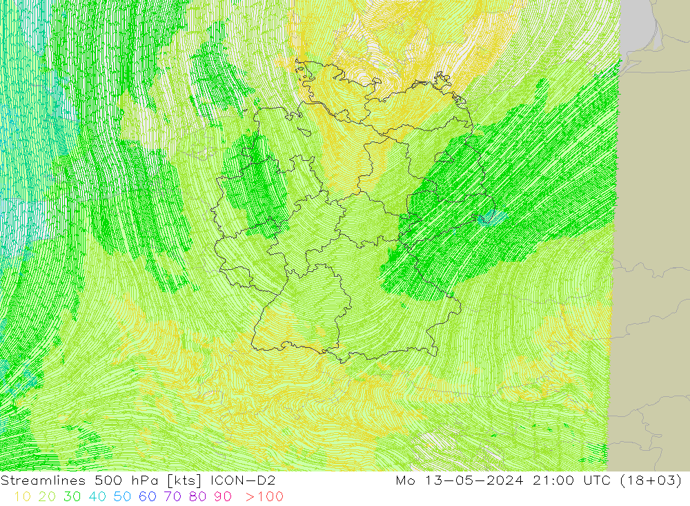 风 500 hPa ICON-D2 星期一 13.05.2024 21 UTC