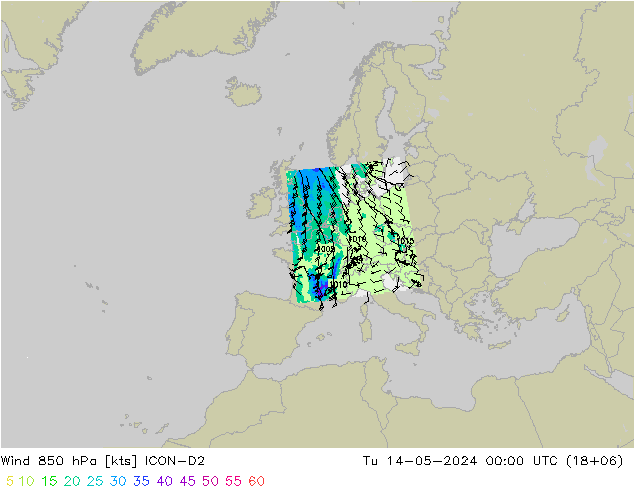 Viento 850 hPa ICON-D2 mar 14.05.2024 00 UTC